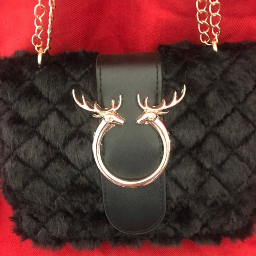 Black Faux Fur Bag with Golden Deer Accent
